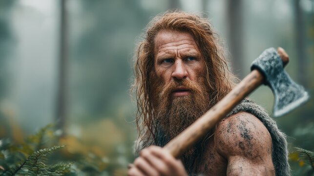 A man with long red hair and a beard holds a stone axe in a misty forest, evoking an atmosphere of primal strength and survival.
A wilderness scene: a man with a stone weapon stands amidst tall trees 