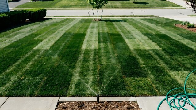 Well-maintained front yard lawn with evenly cut grass and sprinkler system in suburban neighborhood