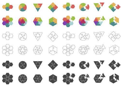 Puzzles logo. Big collection of various shapes and piece counts - colored puzzles, blank white templates or black silhouettes. Puzzle designs representing the concept of problem-solving.