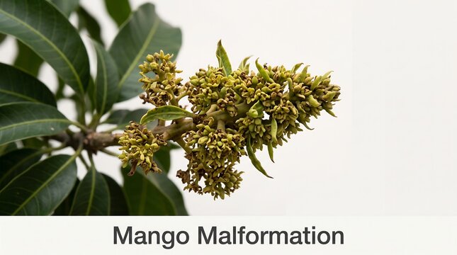 Mango malformation disease affecting flowering branch with green leaves