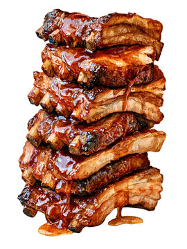 Glazed barbecue pork ribs stack isolated on transparent background PNG cutout