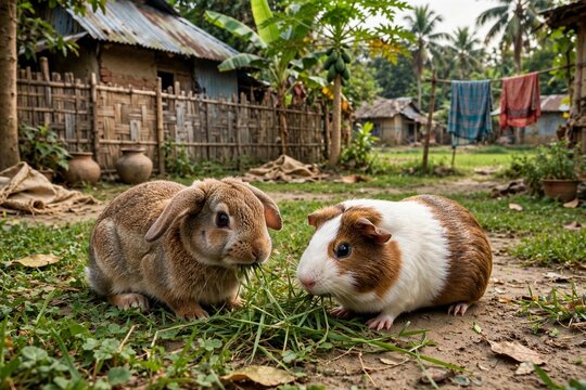 Rabbit and guinea pig eating grass together outdoors