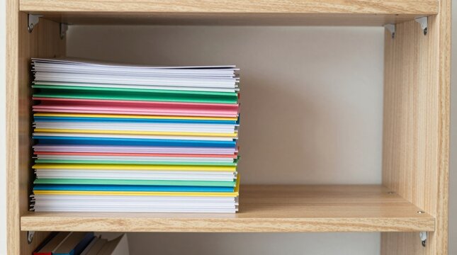 A tidy wooden shelf displaying a vibrant stack of assorted papers, ideal for enhancing any office or study environment with organization and color.