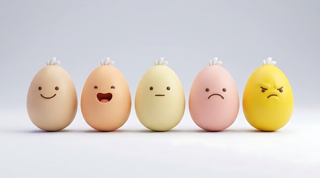 Five colorful eggs with expressive faces stand in a row on a white surface