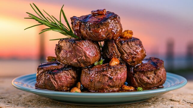 Grilled beef tenderloin medallions stacked on a plate with rosemary