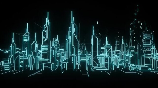 A glowing cyan line draws a futuristic city skyline with tall skyscrapers and complex architectural structures on a dark
