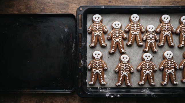 Freshly baked skeleton gingerbread cookies on a baking sheet