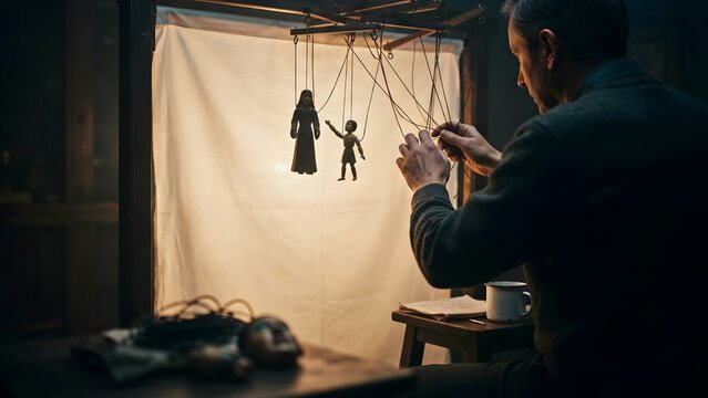 Puppeteer Manipulating Marionettes in Theater Workshop with Puppetry Tools