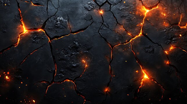 Glowing molten lava texture on cracked charcoal surface with dark background