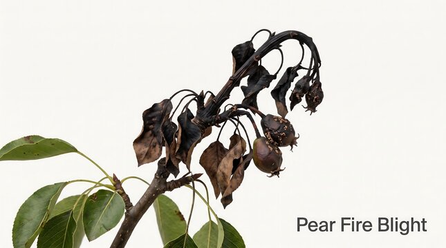 Pear fire blight disease affecting branch with dried leaves and fruit