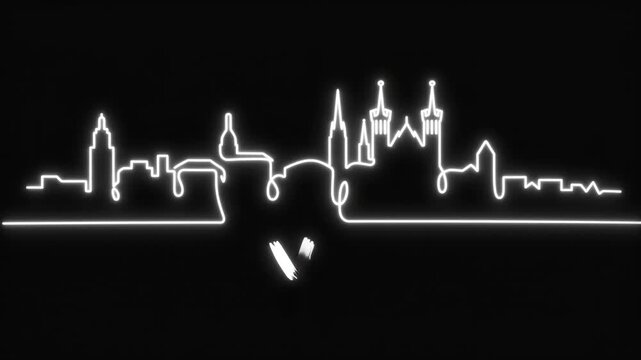 Glowing line animation tracing urban architecture and landmarks of Lyon skyline against a dark black background