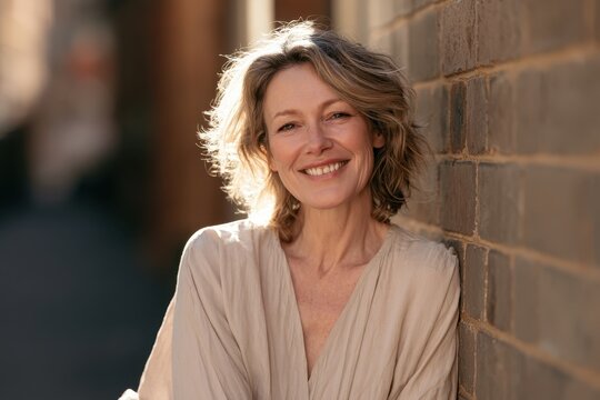Warm lifestyle portrait of a senior woman against a textured wall