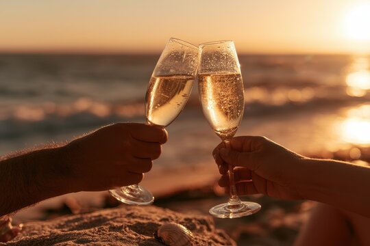 Warm light beach scene with toasting champagne glasses