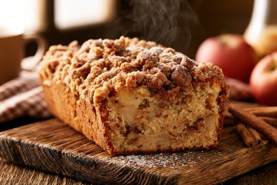 Warm slice of apple cinnamon crumb cake with a cozy autumn vibe