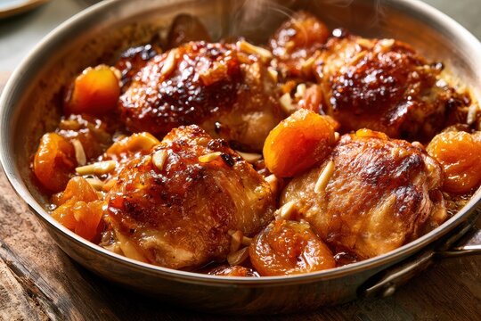Warm skillet dish of apricot glazed chicken thighs with almonds, top-down kitchen scene