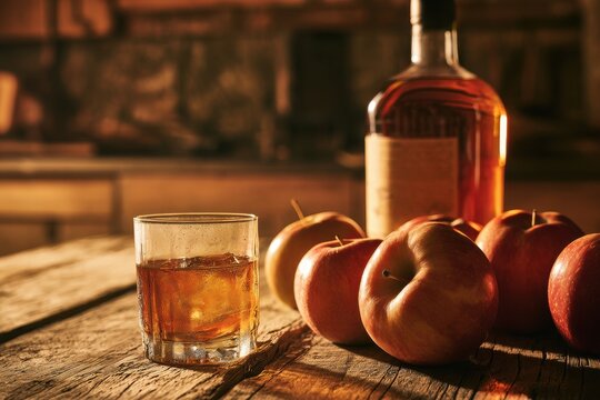 Warm still life: whiskey glass and fresh apples on a rustic wooden table