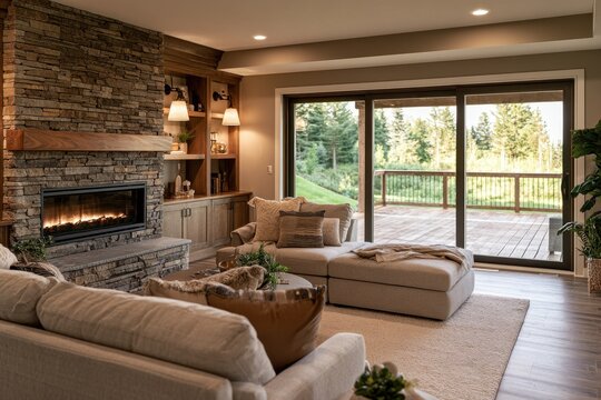 Warm subterranean lounge featuring a fireplace and deck access
