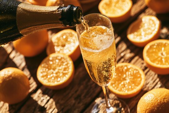 Warm wood tabletop brunch: fresh oranges, sliced citrus, and a golden sparkling pour