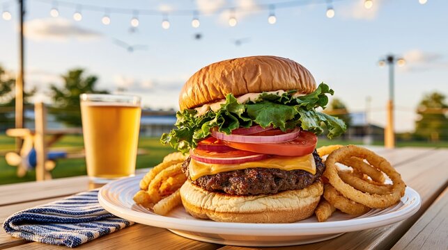 Juicy cheeseburger with onion rings and beer on outdoor wooden table