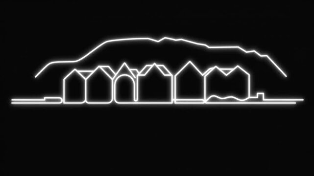Glowing line art animation revealing Bergen city skyline with traditional houses and distant mountain profile