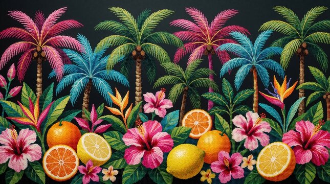 Vibrant tropical pattern with colorful palm trees, exotic flowers. Ripe citrus fruits like orange, lemon sit among pink hibiscus blooms. Rich jungle leaves, summer flora create bright botanical