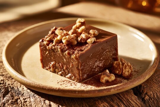 Warm-toned dessert scene featuring glossy walnut fudge on a cream plate with walnut chips