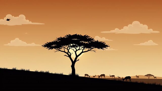 Pixel art savanna sunset, silhouetted acacia tree and grazing animals, warm orange sky with clouds, peaceful wildlife scene