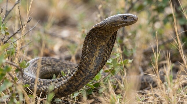 A majestic Cape cobra raising its head in the dry savanna grass of the African wilderness area