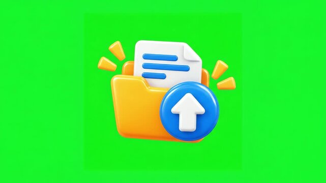 3D render of a yellow folder icon with a document and upload arrow on a green screen background