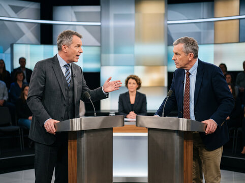 Two male politicians engage in a debate during a live television broadcast