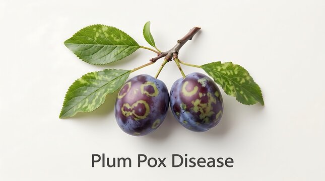 Plum fruit and leaves affected by plum pox virus disease