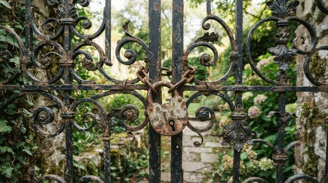 Rusted gate with intricate scrollwork and a heavy lock. Greenery climbs behind weathered iron bars. Moss and ivy embrace stone pillars. Ancient gate hints at forgotten garden or estate