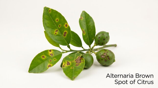 Citrus branch with leaves and unripe fruits displaying severe Alternaria brown spot disease symptoms