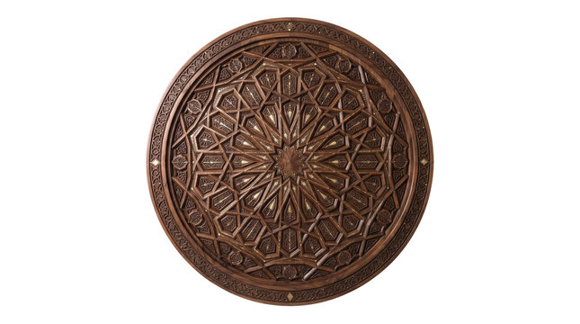 Intricate brass or copper round plate with detailed geometric and as PNG asset