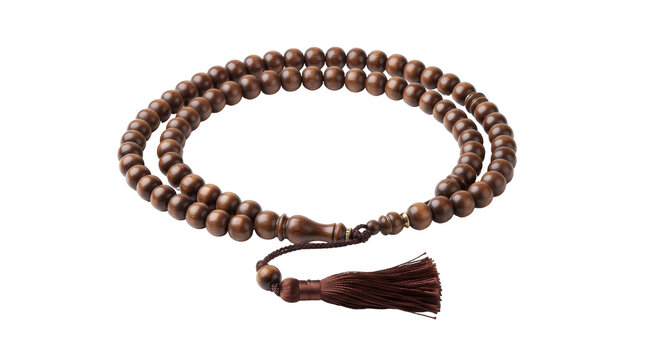 Brown wooden rosary beads with tassel on a as isolated element