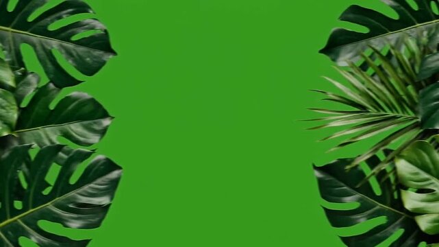Lush tropical monstera and palm leaves framing a vibrant green background, creating a natural botanical border for summer designs and creative projects