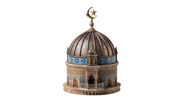 Miniature model of a mosque with a crescent moon on transparent background