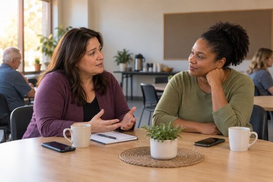 Two women having a supportive conversation at a community workshop