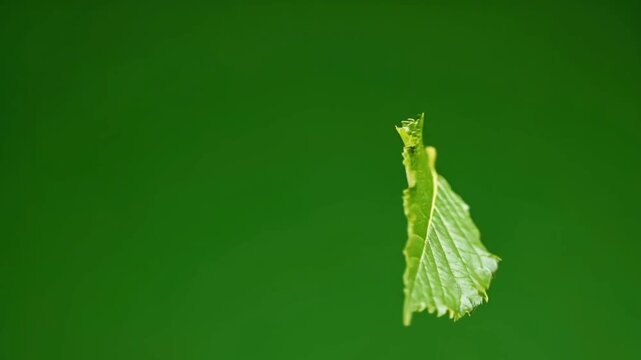 A single vibrant green leaf falling through the air isolated against a clean monochromatic background symbolizing autumn nature and change