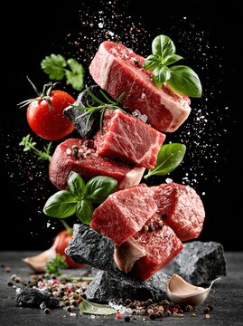 Raw Beef Steak Cubes with Fresh Herbs and Spices on Black Background