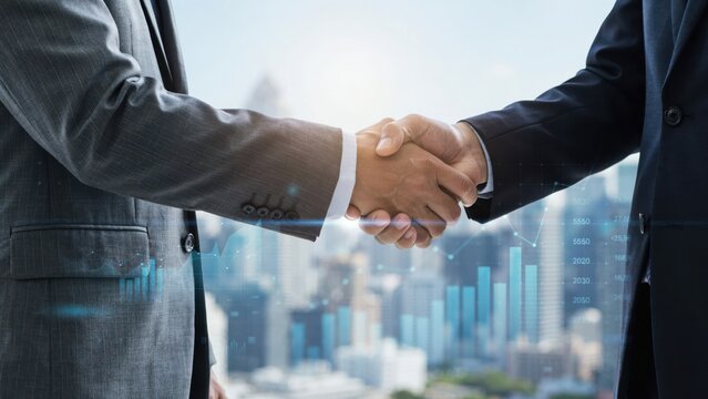 Business people shaking hands with digital financial growth charts overlay