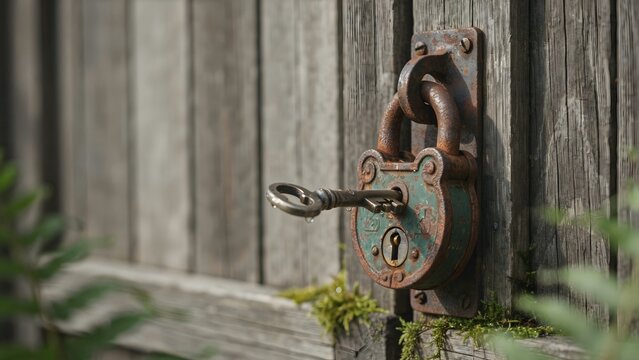 Close-up of vintage padlock with key on weathered wooden fence background