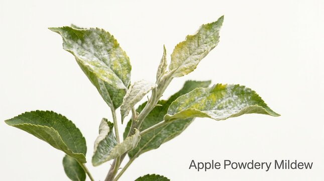 Apple tree leaves covered in white powdery mildew fungal growth causing leaf distortion