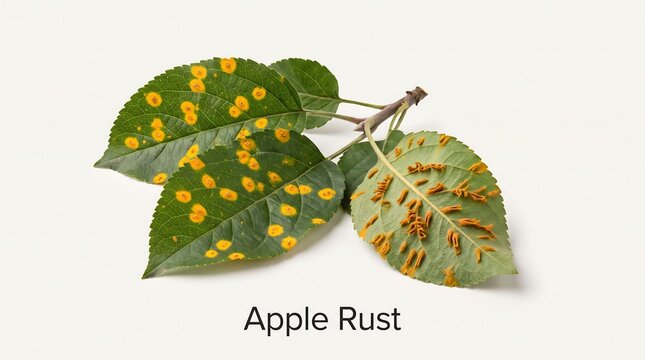 Apple tree leaves displaying vibrant yellow spots and orange fungal structures indicative of rust disease