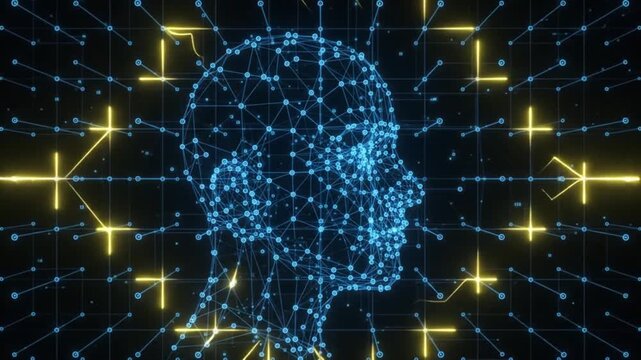 Abstract Digital Human Head Network Connection Technology AI Brain Data Flow Blue Yellow