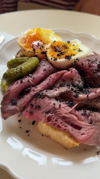 Low close up motion of open roast beef sandwich topped with halved soft boiled egg and green pickles, glossy runny yolk, spoon and fork poised