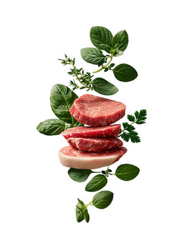 Raw beef steak slices with fresh herbs isolated on transparent background PNG cutout