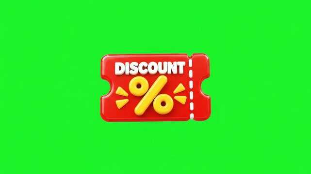 3D render of a red discount coupon ticket with a yellow percentage symbol on a green screen background
