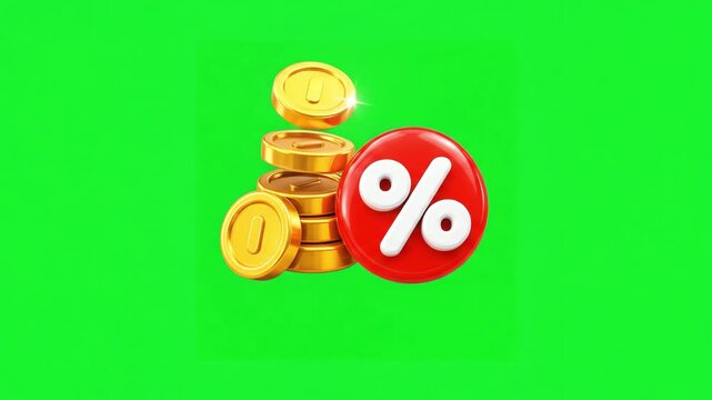 3D render of a stack of gold coins next to a red percentage sign icon on a green background