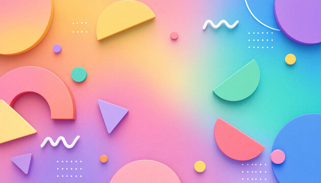 3d abstract geometric shapes with pastel rainbow gradient background for design.